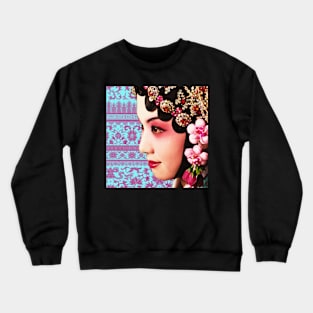 Chinese Opera Star Blue with Blush Pink Traditional Floral Pattern- Hong Kong Retro Crewneck Sweatshirt